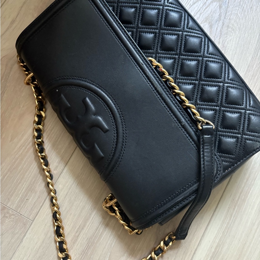 Tory Burch Black Leather Crossbody with Gold-Tone Logo Plate